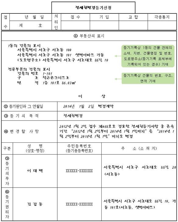 전세권 변경등기 신청서 작성 예시